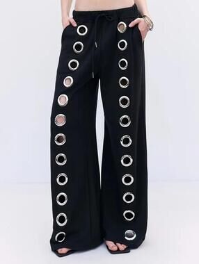 NEW STREETWEAR | SZ M | High Rise Wide-Leg Black Pants Embellished Silver Rings